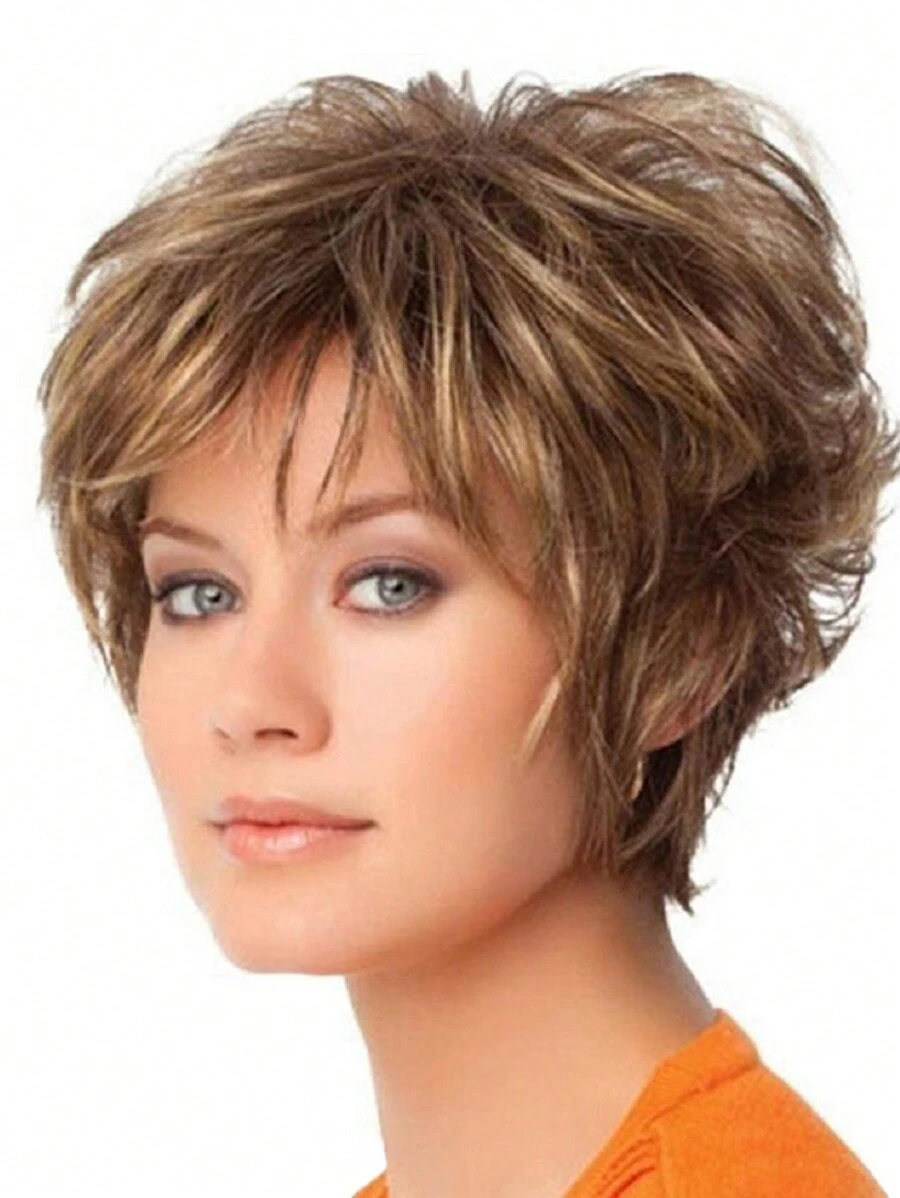 10" Women's Fashion Natural Wavy Mixed Brown Synthetic Hair Short Wig With Bangs, Suitable For Everyday Wear, Festivals, Costumes, Parties - Multicolor - View 1