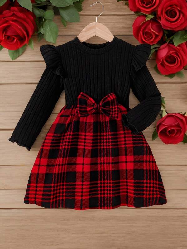 Young Girl Valentine's Day Bow Decor Long Sleeve Round Neck Dress