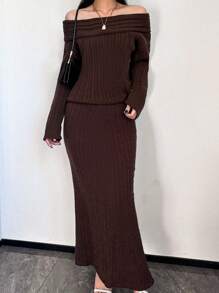 Women's Autumn And Winter Y2K Casual Fashion Versatile Solid Color Long Bootcut Design Sweater Knitted Skirt - Coffee Brown - View 3
