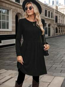 tooluck Fall & Winter Inner Wear Casual Dress Knee Length Solid Color Long Sleeves Wirh Pockets, Woman's Clothing - 黑色 - 查看 3