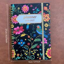 1pc 3 Year Monthly Planner 2025-2027, Jan. 2025 - Dec. 2027, Elastic Closure, Twin-Wire Binding-(Flower Cover) - 黑色 - 查看 7