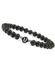Brazalete de cuentas de piedra negra esmerilada de 6 mm Pulsera con 26 letras iniciales del nombre con cuerda elástica para regalos de pareja, amistad y familia