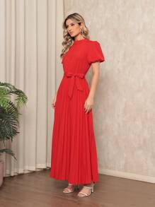 Women's Long Crepe Dress With Puffed Sleeves, Bow Waist And Pleated Skirt - Elegant And Sophisticated - 紅色 - 查看 2