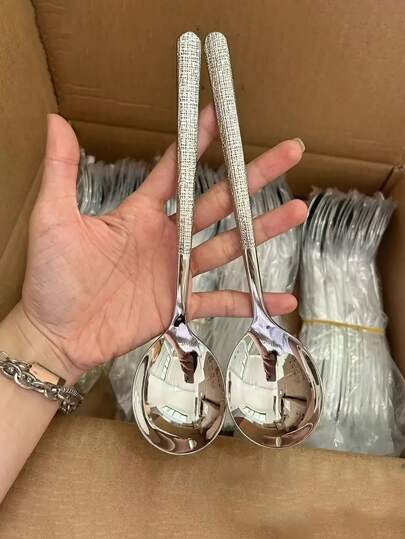 2/5pcs Stainless Steel Hammered Spoon Set - Perfect For Soup, Dining & Kitchen Use