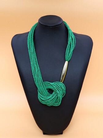 1 件时尚欧美风格金管长结黑色种子珠多层项链，波西米亚风