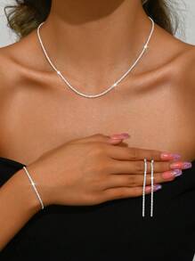 1set Elegant Glitter Collarbrone Necklace, Earrings, And Bracelet Jewelry Set, Suitable For Women To Wear In Daily Life, Wedding, Banquet And Party