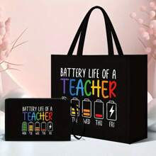 Gift- Large Capacity Fashion Tote Bag With "Battery Life Of A Teacher" Print, Cosmetic Bag, Lining, And No Closure - Perfect For Educators And School Staff, Best Teacher Appreciation Gifts, Thank You Teacher Gifts