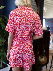 Women Pajamas Set Heart Print Button Short Sleeves Shirt And Drawstring Shorts For Loungewear Soft Sleepwear