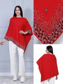 Cape Sweater, Soft And Warm Fabric For An Elegant And Sophisticated Look. With Rhinestone Details. - Red - View 1