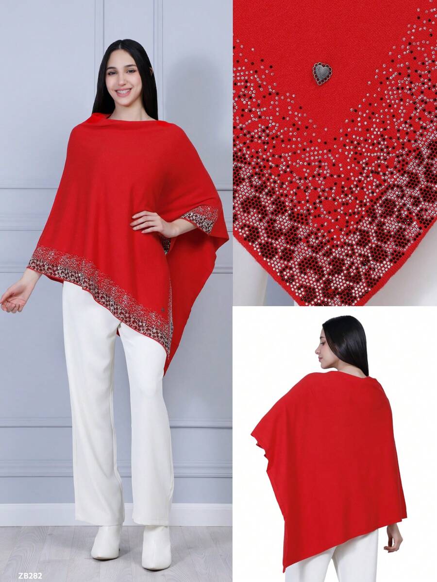 Cape Sweater, Soft And Warm Fabric For An Elegant And Sophisticated Look. With Rhinestone Details. - Red - View 1