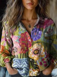 Camisa Casual de Manga Longa Confortável com Estampa Floral Vintage Adorável para Mulheres Plus Size, Roupas Femininas de Volta às Aulas no Outono