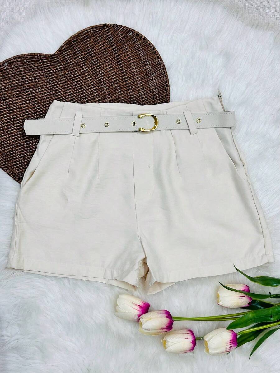 Women's Shorts With Belt - Beige - View 1