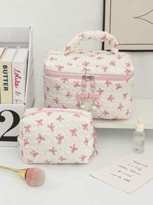 花卉蝴蝶结装饰化妆包，布艺印花拉链袋，甜美风格盥洗包，化妆包，适用于家庭、旅行、日常使用，女士化妆品收纳包，化妆品收纳袋，迷你袋，旅行小化妆盒配件，化妆架，刷子包，化妆容器，化妆包，旅行必需品，女士配件，旅行用品，夏季旅行，度假，家居浴室装饰，节日化妆品收纳包，浴室配件，返校 - 粉色 - 查看 12