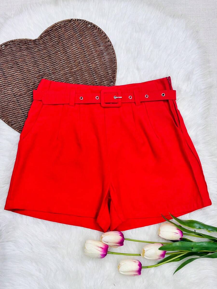 Women's Shorts With Belt - Red - View 1