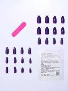24pcs Almond Long Press-On Nails, Simple Solid Grape Purple Color Basic Full Cover Press-On Nails, Christmas Nails, Valentine's Gift, New Year Nails, DIY Daily Wear Manicure Supplies For Girls & Women, Includes 1pc Double-Sided Adhesive & 1pc Nail File