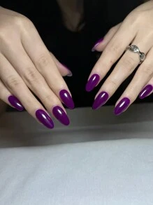 24pcs Almond Long Press-On Nails, Simple Solid Grape Purple Color Basic Full Cover Press-On Nails, Christmas Nails, Valentine's Gift, New Year Nails, DIY Daily Wear Manicure Supplies For Girls & Women, Includes 1pc Double-Sided Adhesive & 1pc Nail File