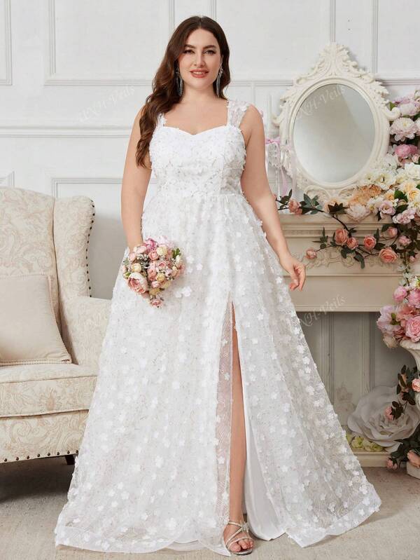 UNITHORSE UNITHORSE Plus Size Bandjes Slingjurk, Luxe Mesh Bloemenstof, Taille Getailleerde A-lijn, Zijsplit, Elegante Avondjurk, Trouwjurk, Volledig Witte Feestoutfit Vrouwen