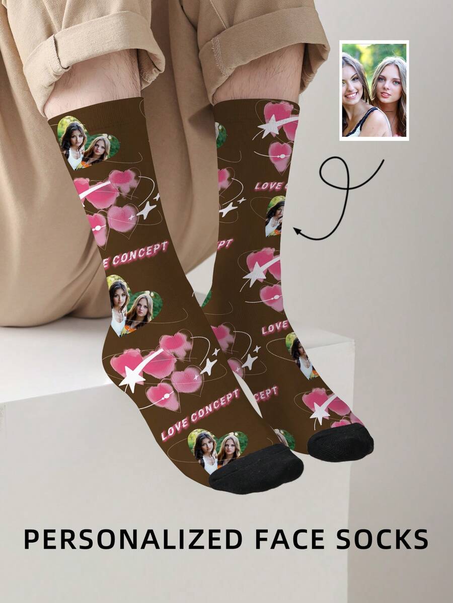 1 Pair Customized Face Ladies & Gentlemen Funny Mid-Calf Socks, Personalized Socks With Handsome Guy & Beautiful Girl Images, Interesting Customized Mid-Length Couple Socks, Suitable For Gifts On Valentine's Day, Birthday, And Other Occasions