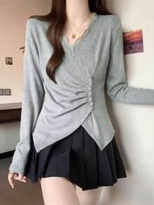 Blusa de ajuste ceñido con cuello en V, parches de encaje y bajo asimétrico con pliegues, versátil, para otoño/invierno - Gris - Ver 3