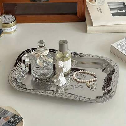 1pc Vintage Silver-Plated Rectangular Jewelry Tray Stainless Steel Fruit & Food Tray: Perfect For Jewelry, Cosmetics, Or Small Desserts - Suitable For Desktop Use Storage Tray Gifts For Women Back To School
