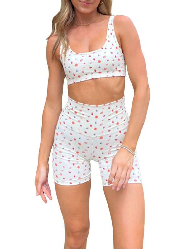 Women's Summer Outfits Slim Fit Fruit Bow Pattern Sports Sleeveless Camisole Crop Tops With Tight Shorts 2 Pcs Set