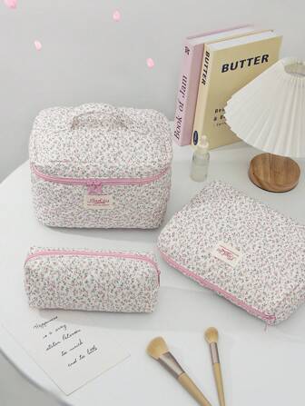 1 件/套可爱粉色花卉化妆包绗缝大容量化妆包带拉链小碎花盥洗包便携式旅行化妆刷、护肤品收纳袋女士花朵旅行盥洗包粉色护肤包花卉铅笔盒书包婚礼伴娘礼物、生日礼物、妈妈礼物夏季旅行、度假家居浴室装饰节日化妆品收纳浴室配件返校