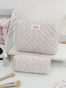 1 Piece/Set Cute Pink Floral Cosmetic Bag Quilted Large Capacity Makeup Bag With Zipper Ditsy Floral Toiletry Wash Bag Portable Travel Makeup Brushes, Skincare Storage Pouch For Woman Flower Travel Toiletry Organizer Bag Pink Skincare Bag For Floral Pencil Case For School Bag Wedding Bridesmaid Gifts, Birthday Gifts, Mom Gifts - Pink - View 5