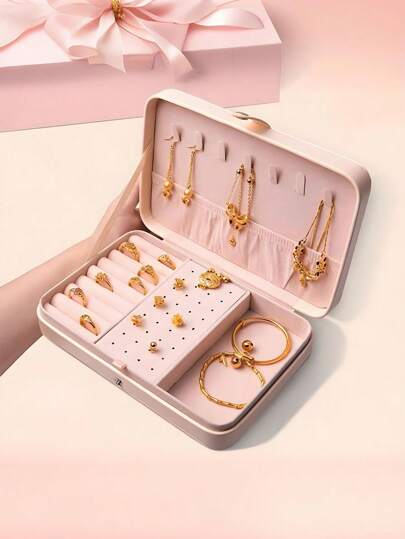 1PC 大中型便携式带扣珠宝盒，用于存放戒指、项链和耳环，带扣便携式珠宝盒，戒指盒，手链项链盒，耳环盒，珠宝 PU 皮革收纳盒，珠宝收纳盒，大容量双层耳环，PU 简约便携式珠宝盒，方形拉链珠宝盒，时尚长方形珠宝盒女士礼物