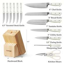 CAROTE 14 Pieces Knife Set With Wooden Block Stainless Steel Knives With Ergonomic Handle, Forged, White