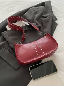 1pc Quilted Zipper Closure PU Solid Crescent Bag, Fashion Minimalist Wide Strap Shoulder Bag, Retro Oil Rivet Casual Armpit Baguette Bag, New Commuting Handbag, Suitable For Women's Daily Use - Merah - View 9