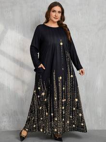 DEARCASE Plus Size Printed Pocket Long Sleeve Dress - Gold - View 4