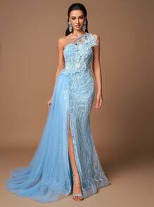 Váy dạ hội dài thêu hoa trang trí lưới sequin cho nữ, Đầm dự tiệc, Trang trọng, Khách dự tiệc cưới - Màu xanh lam - Xem 3