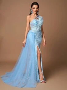 Váy dạ hội dài thêu hoa trang trí lưới sequin cho nữ, Đầm dự tiệc, Trang trọng, Khách dự tiệc cưới - Màu xanh lam - Xem 6