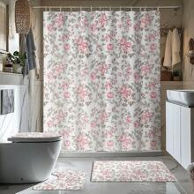1/4 Pcs Vintage Pink Rose Valentine's Day Themed Bathroom Sets: Shower Curtain, Bath Mat, U-Shaped Toilet Lid Cover, Waterproof Bathroom Decor, Modern Style Bathroom Divider Curtain, No Drilling Required, Machine Washable Polyester,Women Valentine Gift Birthday Boyfriend Girlfriend Fall Decor Bathroom Accessories Back To School