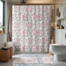 1/4 Pcs Vintage Pink Rose Valentine's Day Themed Bathroom Sets: Shower Curtain, Bath Mat, U-Shaped Toilet Lid Cover, Waterproof Bathroom Decor, Modern Style Bathroom Divider Curtain, No Drilling Required, Machine Washable Polyester,Women Valentine Gift Birthday Boyfriend Girlfriend Fall Decor Bathroom Accessories Back To School