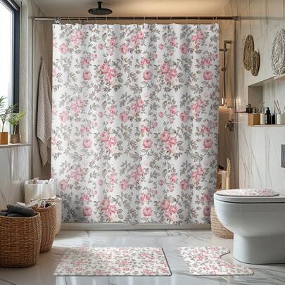 1/4 Pcs Vintage Pink Rose Valentine's Day Themed Bathroom Sets: Shower Curtain, Bath Mat, U-Shaped Toilet Lid Cover, Waterproof Bathroom Decor, Modern Style Bathroom Divider Curtain, No Drilling Required, Machine Washable Polyester,Women Valentine Gift Birthday Boyfriend Girlfriend Fall Decor Bathroom Accessories Back To School