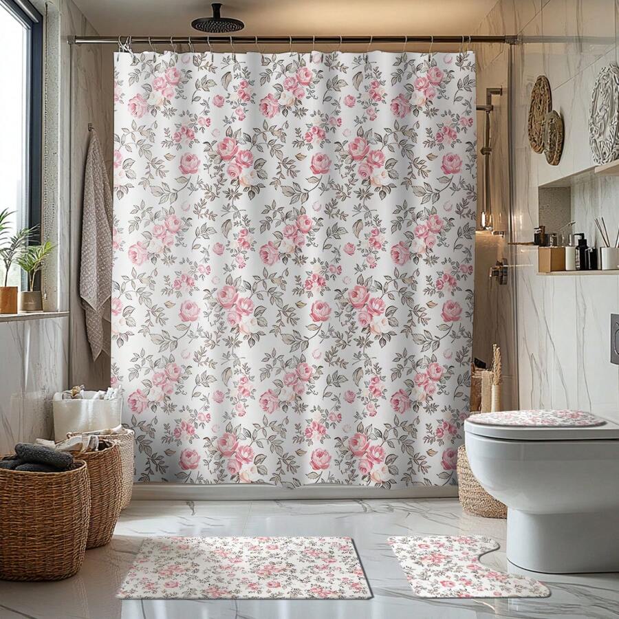1/4 Pcs Vintage Pink Rose Valentine's Day Themed Bathroom Sets: Shower Curtain, Bath Mat, U-Shaped Toilet Lid Cover, Waterproof Bathroom Decor, Modern Style Bathroom Divider Curtain, No Drilling Required, Machine Washable Polyester,Women Valentine Gift Birthday Boyfriend Girlfriend Fall Decor Bathroom Accessories Back To School