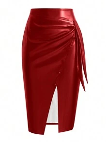 Plus Size Solid Color Wrap Around Split Hem Skirt, Autumn/Winter Fashion