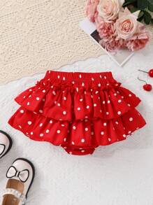 Set de 3 piezas para outfit de verano de niñas bebé - Body con volantes y moño, short estampado de lunares blancos y diadema