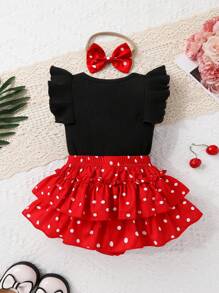 Set de 3 piezas para outfit de verano de niñas bebé - Body con volantes y moño, short estampado de lunares blancos y diadema