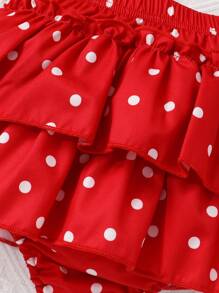 Set de 3 piezas para outfit de verano de niñas bebé - Body con volantes y moño, short estampado de lunares blancos y diadema