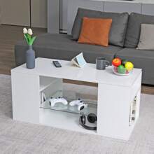 Hommpa White Coffee Table LED Coffee Table With Storage Modern Living Room Table Glass Open Shelves Rectangle Cocktail Center Tables High Gloss