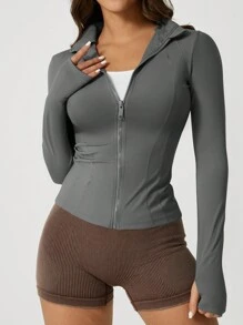 Chaqueta deportiva de manga larga con cremallera y ojal para el pulgar, de unicolor, para mujer