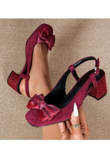Elegante pumps met hoge hak en strikversiering voor dames, bordeauxrode fluwelen schoenen met vierkante neus en dikke hak, geschikt voor bruiloften en alle seizoenen