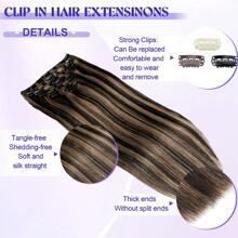 Przedłużanie włosów Clip In Prawdziwe włosy ludzkie 3,6 uncji/100 g Przedłużanie włosów Clip In dla kobiet 8 sztuk w zestawie z 18 klipsami Podwójna osnowa 1B/6 Naturalna czerń do kasztanowego brązu - S1B/6/1B - Zobacz 8