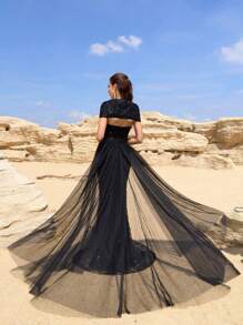 SUPGIR V 领无袖收腰喇叭下摆连衣裙，高档亮片刺绣面料，优雅晚礼服、派对礼服、正式礼服、婚礼宾客礼服 - 黑色 - 查看 4