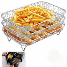 3-Layer Stacking Rectangular Stainless Steel Filter Rack, Cooking Accessories For Air Fryer, BBQ, Kitchen Filtration Net Stand - Silver - View 9