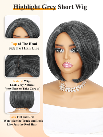 Short Side Part Grey Salt & Pepper Bob Wig Bob Wigs Straight Black Grey Hair Wig Bowl Cut Cosplay Wig Heat Resistant Natural Looking Synthetic Full Wigs For Women)