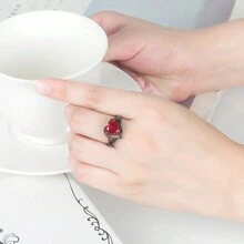 1 对浪漫情侣戒指，女士心形红色合成水晶戒指，男士不锈钢红色婚礼珠宝 - 紅色 - 查看 10