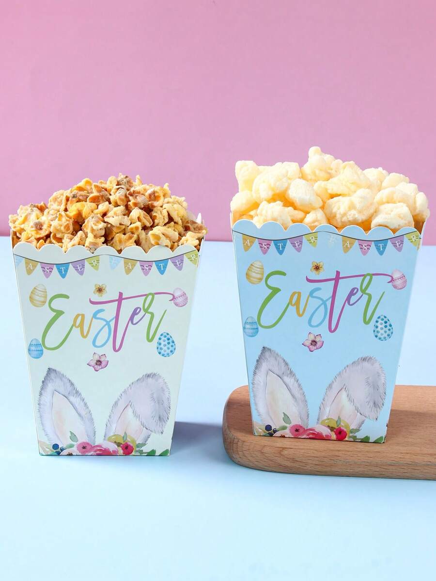 6 Piezas Caja de palomitas con diseño de huevos y conejos de Pascua, Caja de patatas fritas, Vasos para palomitas, Cajas para pan de panadería, Caja de regalo para fiestas de Pascua feliz, Bolsas de regalo para decoración, Para noche de cine familiar, Decoración de fiestas de primavera - Multicolor - Ver 1